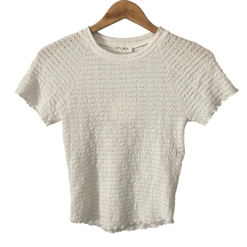 Storia Anthropologie Women Sm White Textured Pointelle Raglan Short Sleeve Top - Picture 1 of 5
